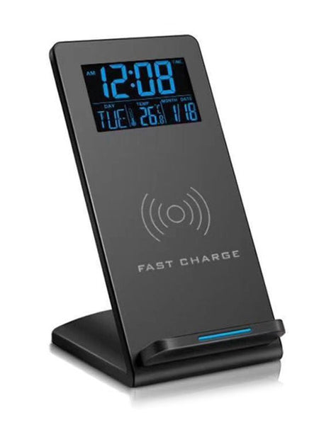 Alarm Clock Wireless Charger Mobile Phone Holder Perpetual Calendar Temperature Bedside Desktop